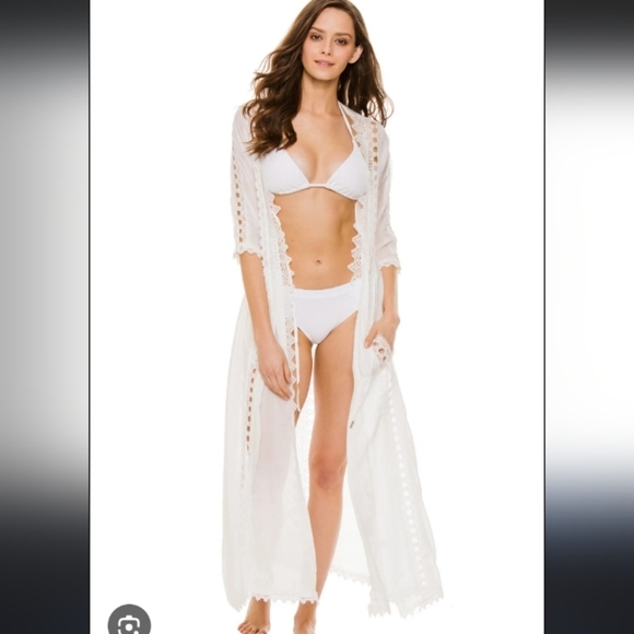 Elan Lace Crochet Bohemian Flowy Feminine Hippie Festival Maxi Kimono Cover Up - Picture 3 of 7